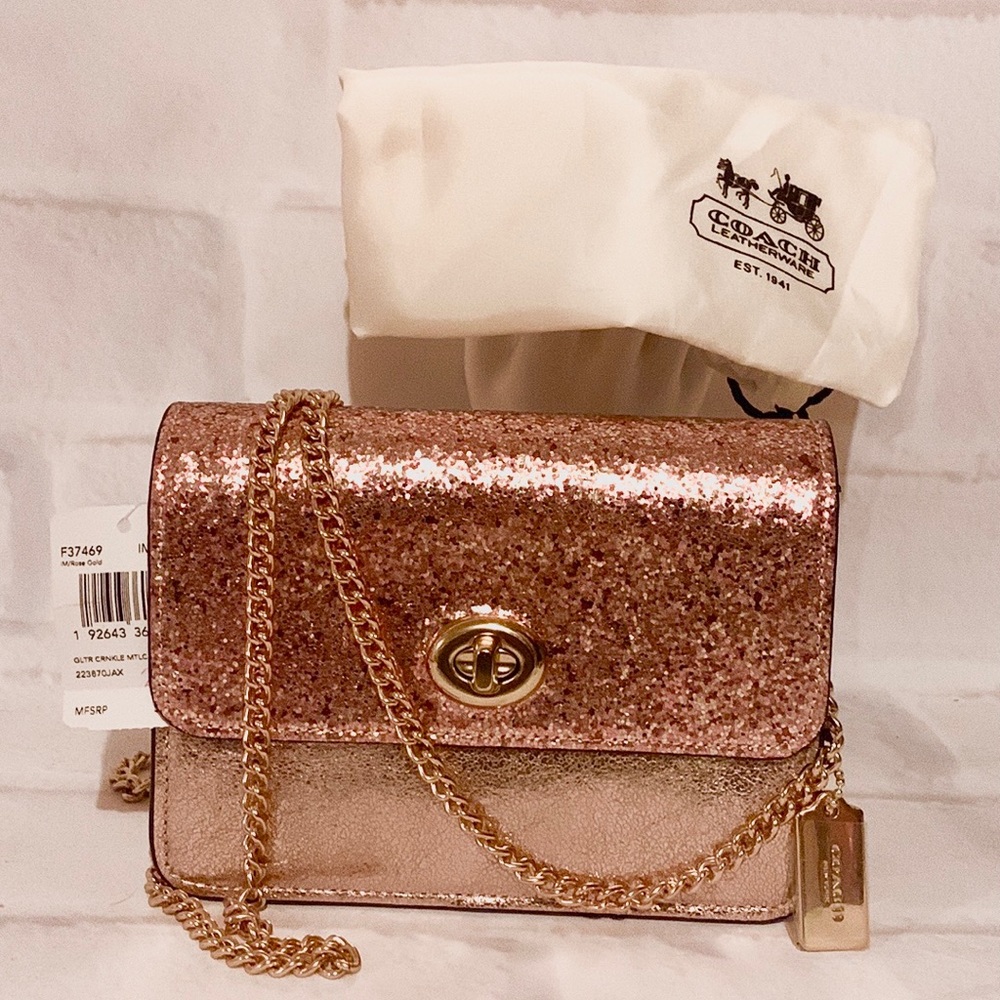 🌸 COACH 🌸 SMALL ROSE GOLD GLITTER CRINKLE METALLIC CROSSBODY MSRP $295
